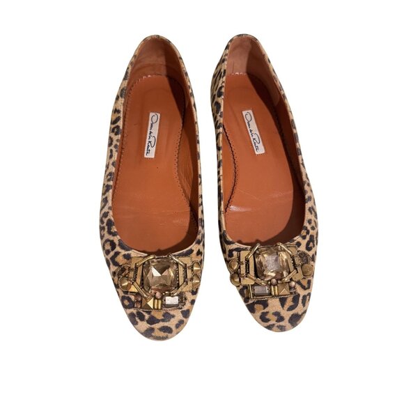 Oscar De La Renta Loafers Women's Animal Print Brown Crystals Calf Hair Size 38 - Picture 4 of 7
